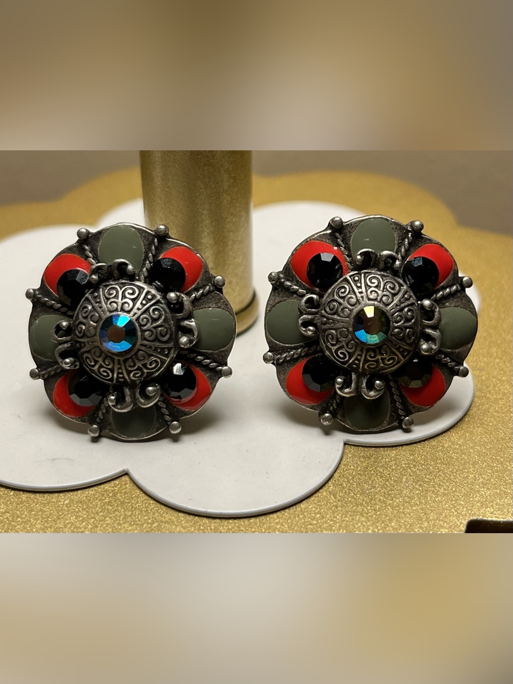 Chico’s Silver tone Enamel Floral Clip Earrings Retired item Good condition